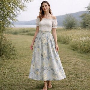 Banana Republic Blue Floral Pleated Maxi Skirt Size 12 Vintage Safari Era